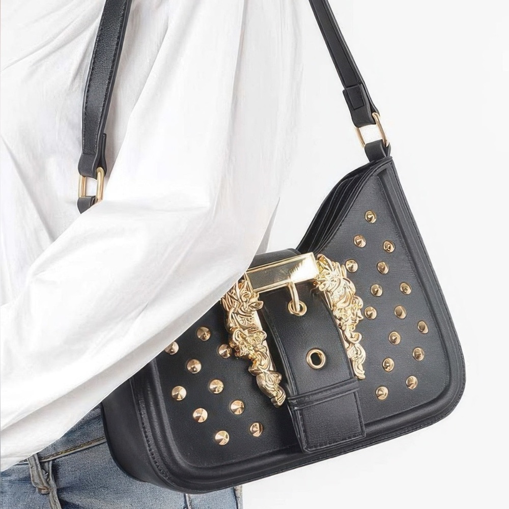 Faux Leather Studded Metal Buckle Shoulder Bag - Picture 7 of 7